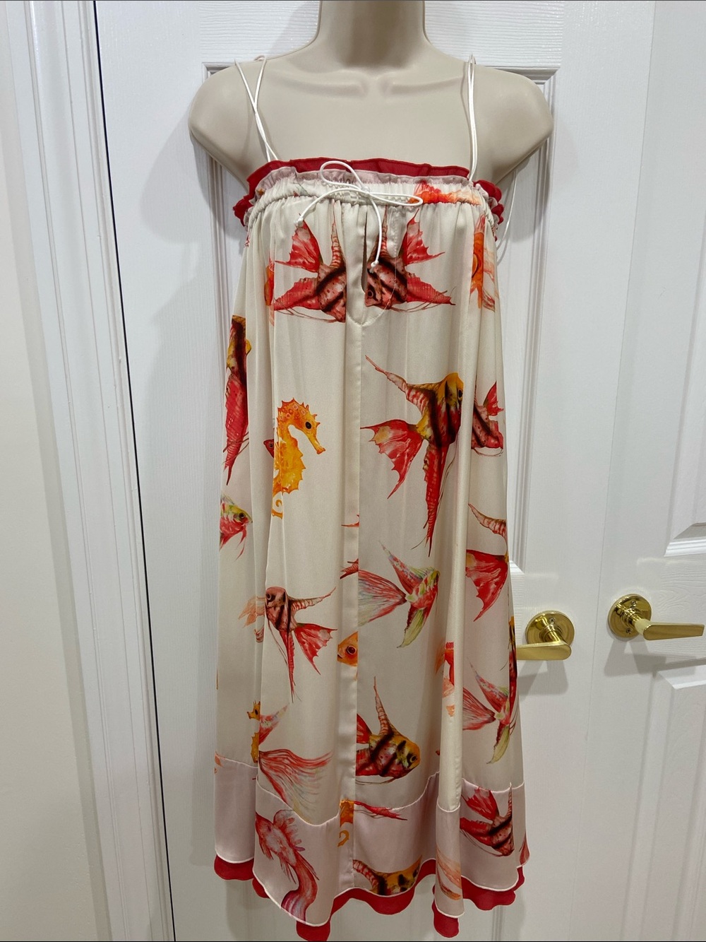 Cream Sundress with Red & Orange Fish Print. Made in Italy